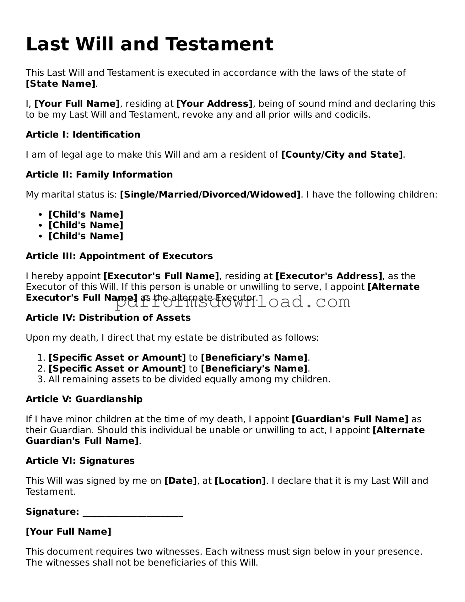Official Last Will and Testament Document
