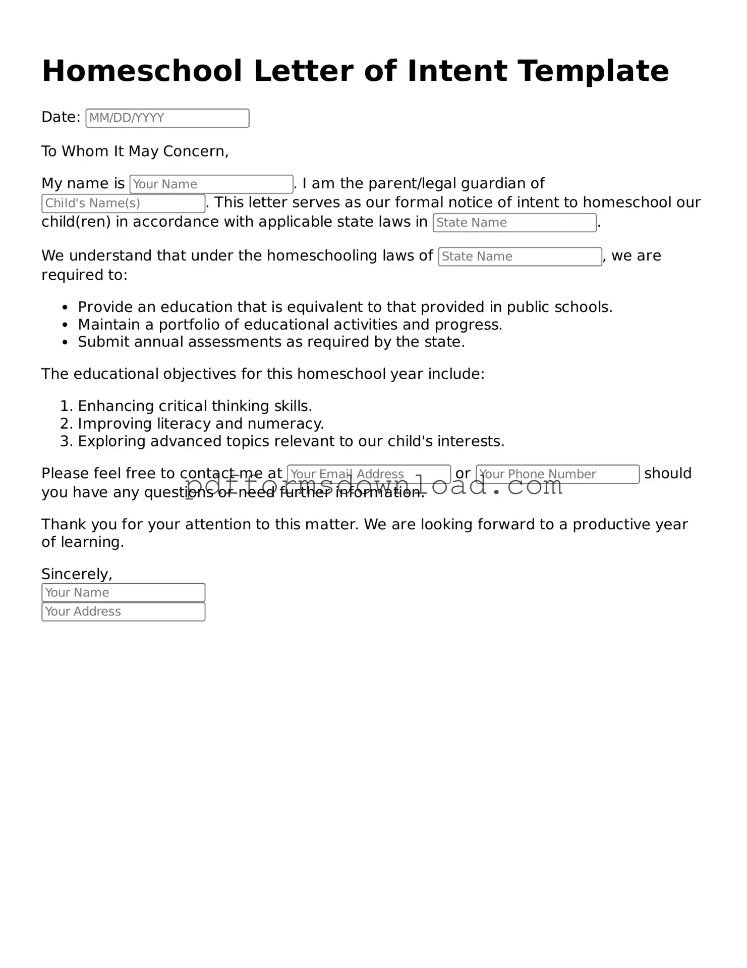 Official Homeschool Letter of Intent Document
