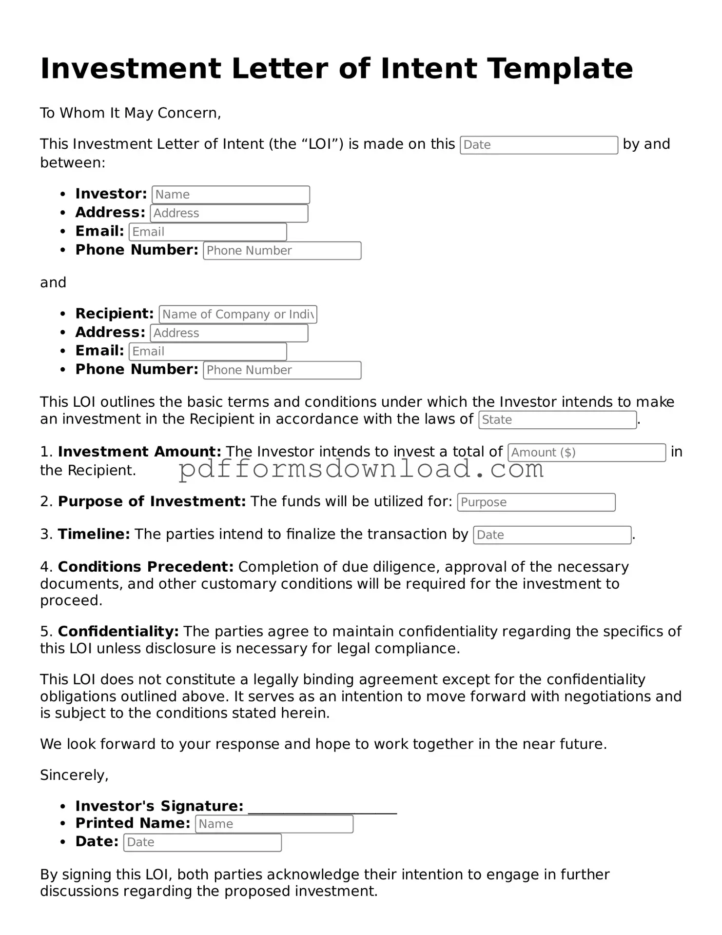 Official Investment Letter of Intent Document