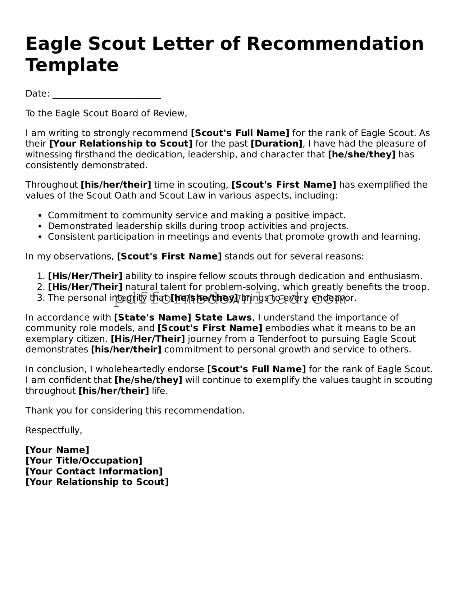 Official Eagle Scout Letter of Recommendation Document