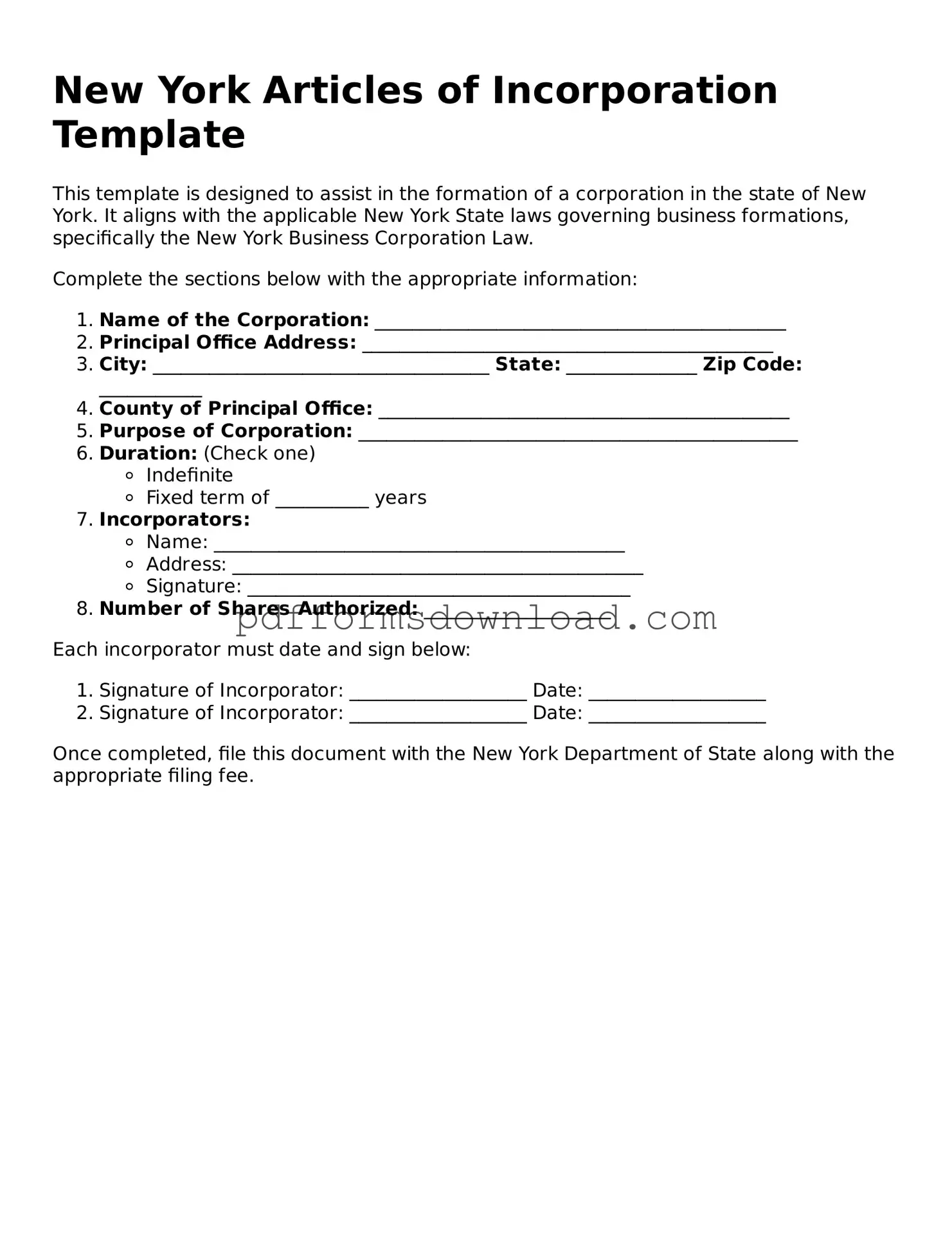 Printable New York Articles of Incorporation Form