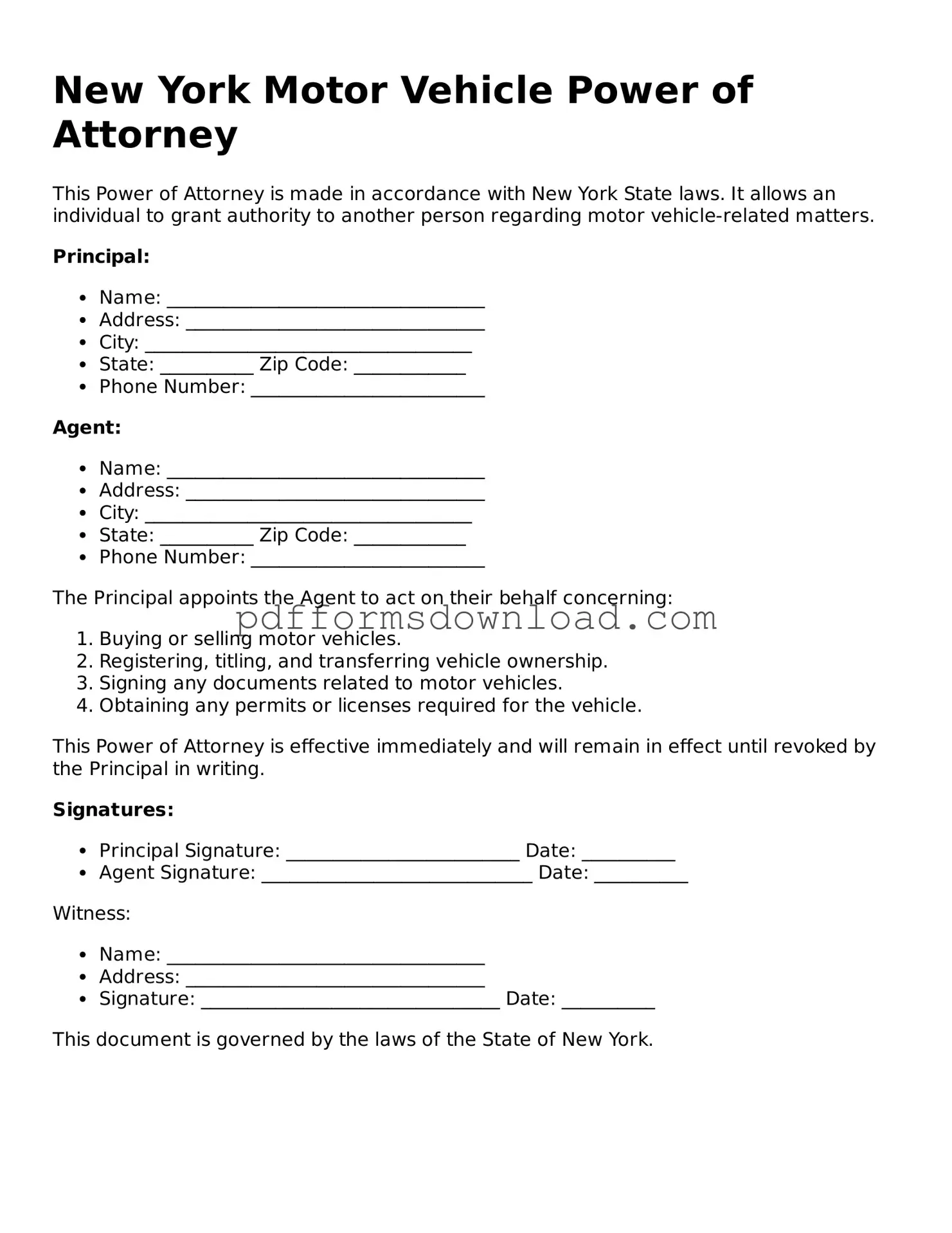 Printable New York Motor Vehicle Power of Attorney Form