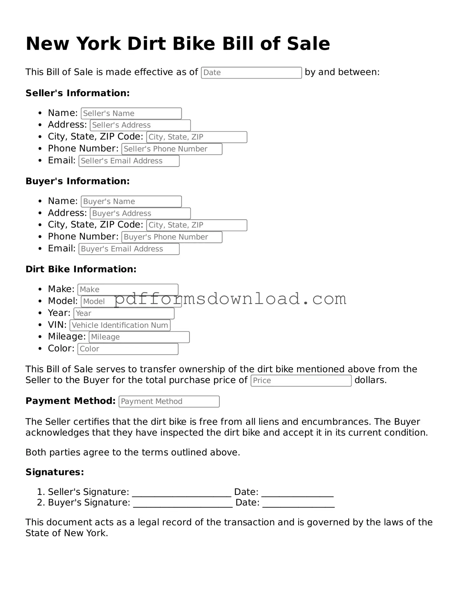 Printable New York Dirt Bike Bill of Sale Form