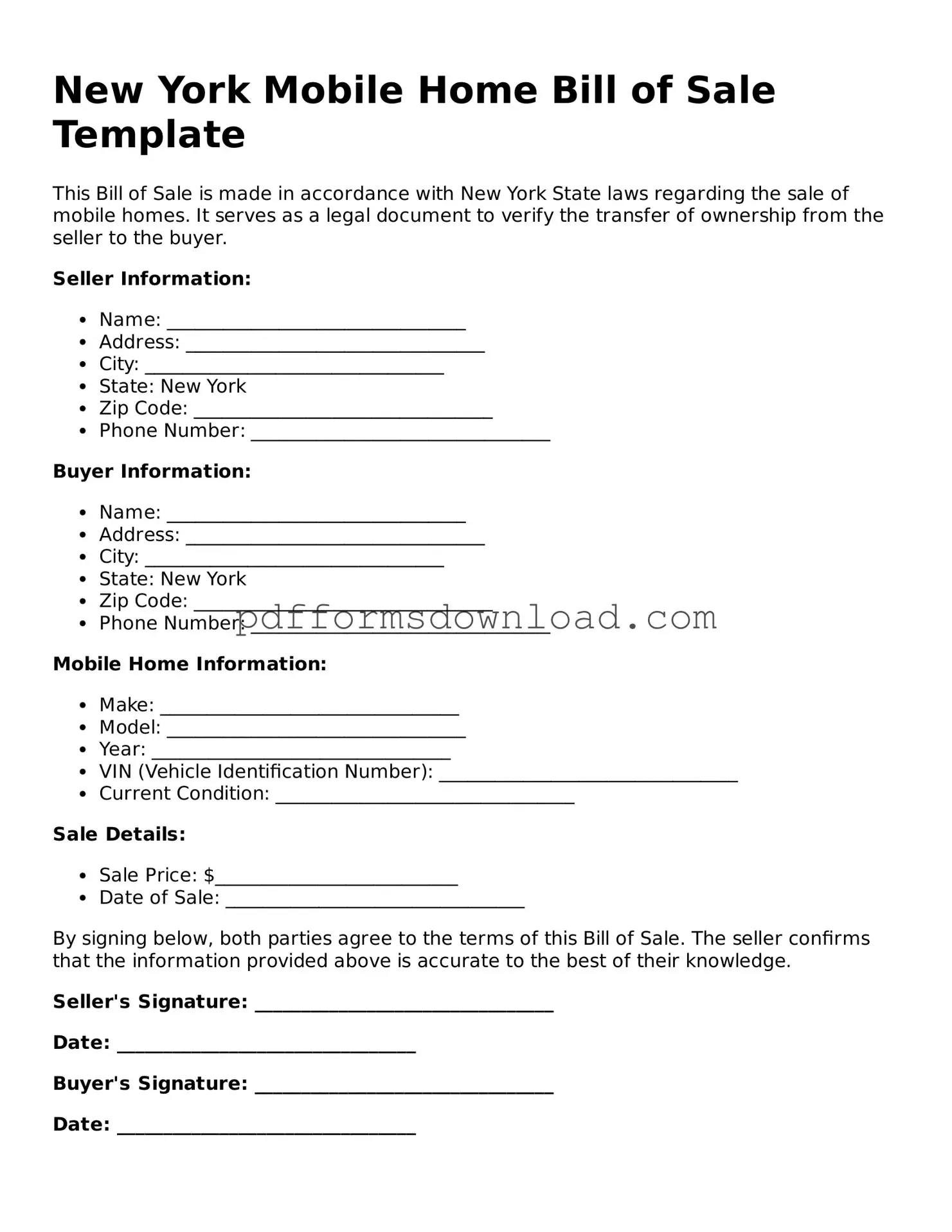 Printable New York Mobile Home Bill of Sale Form