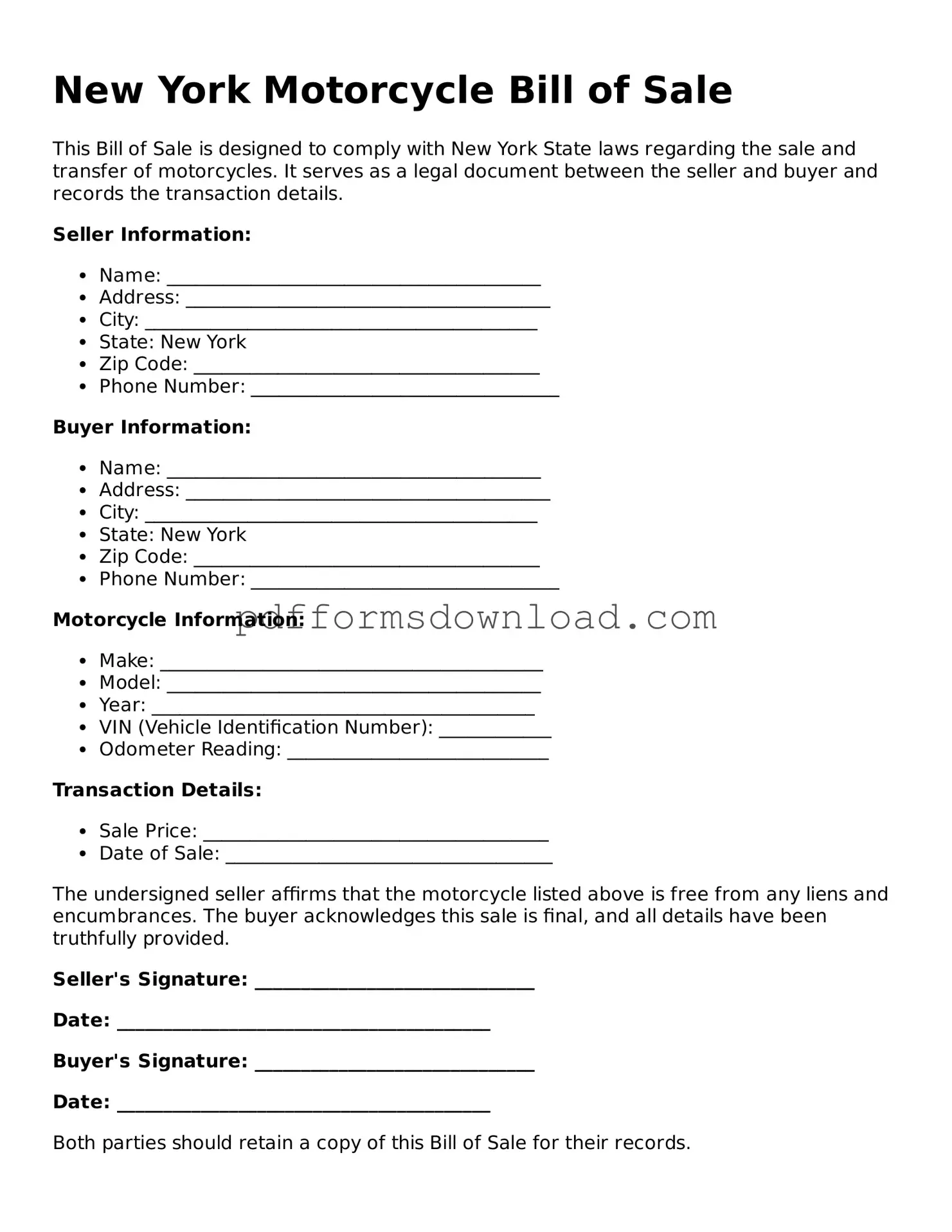 Printable New York Motorcycle Bill of Sale Form