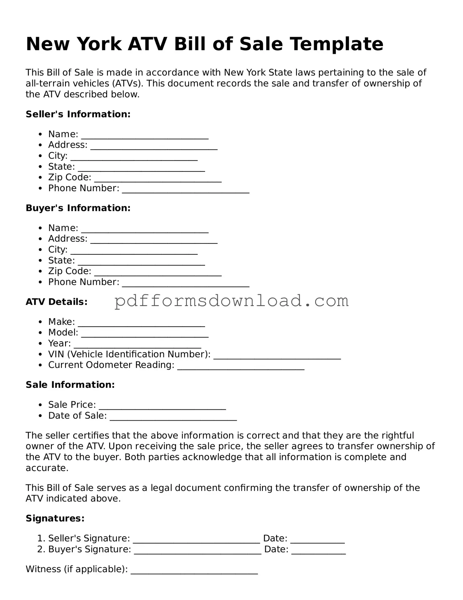 Printable New York ATV Bill of Sale Form