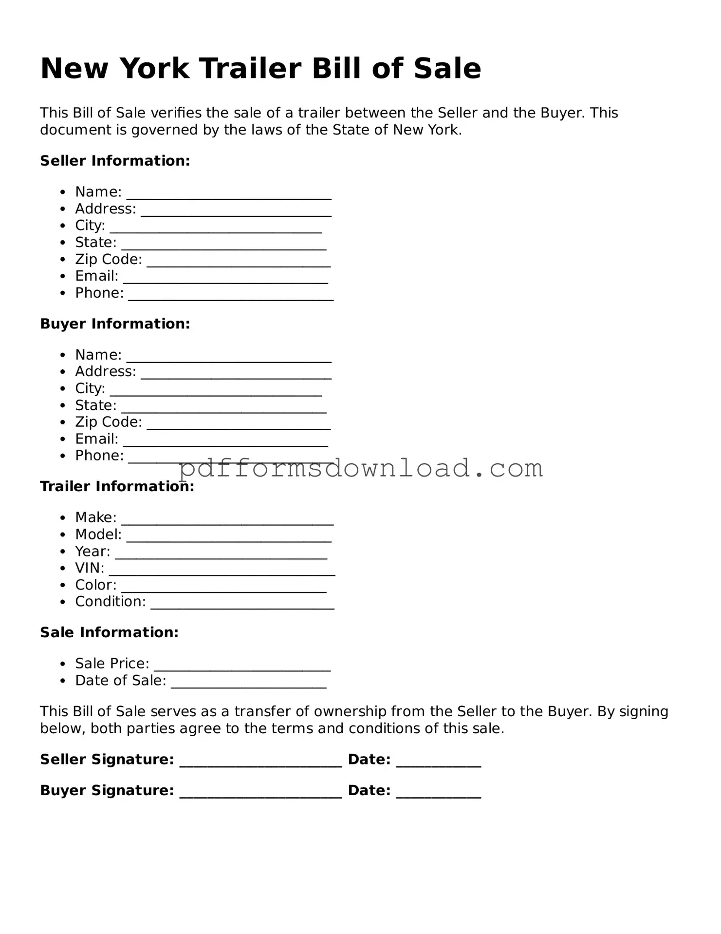 Printable New York Trailer Bill of Sale Form