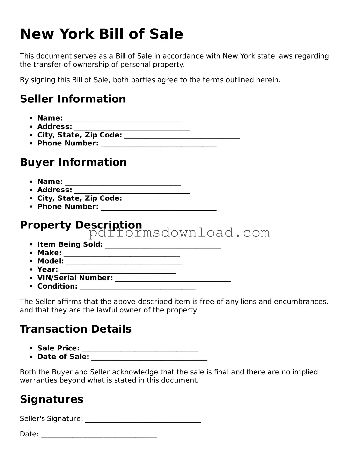 Printable New York Bill of Sale Form