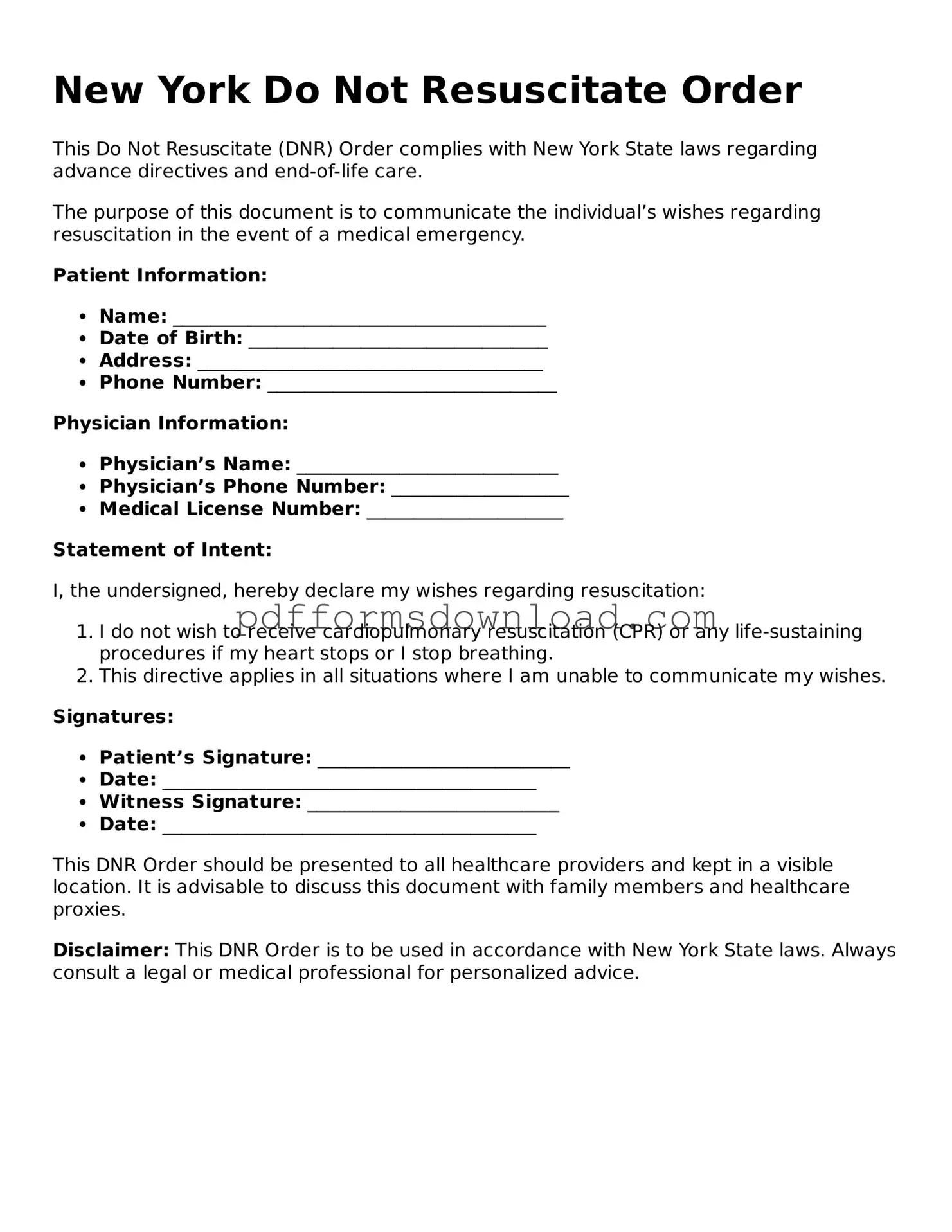 Printable New York Do Not Resuscitate Order Form