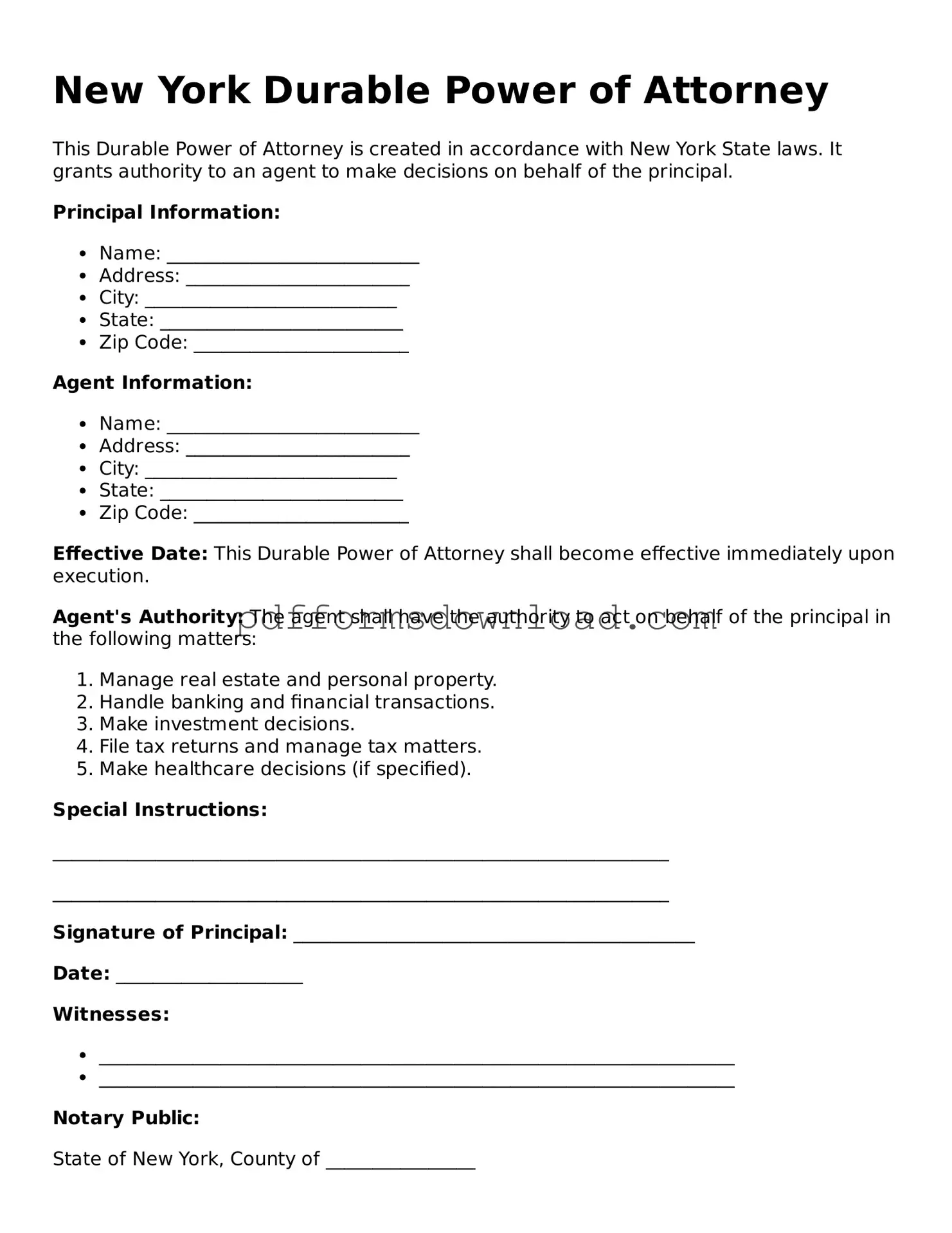 Printable New York Durable Power of Attorney Form