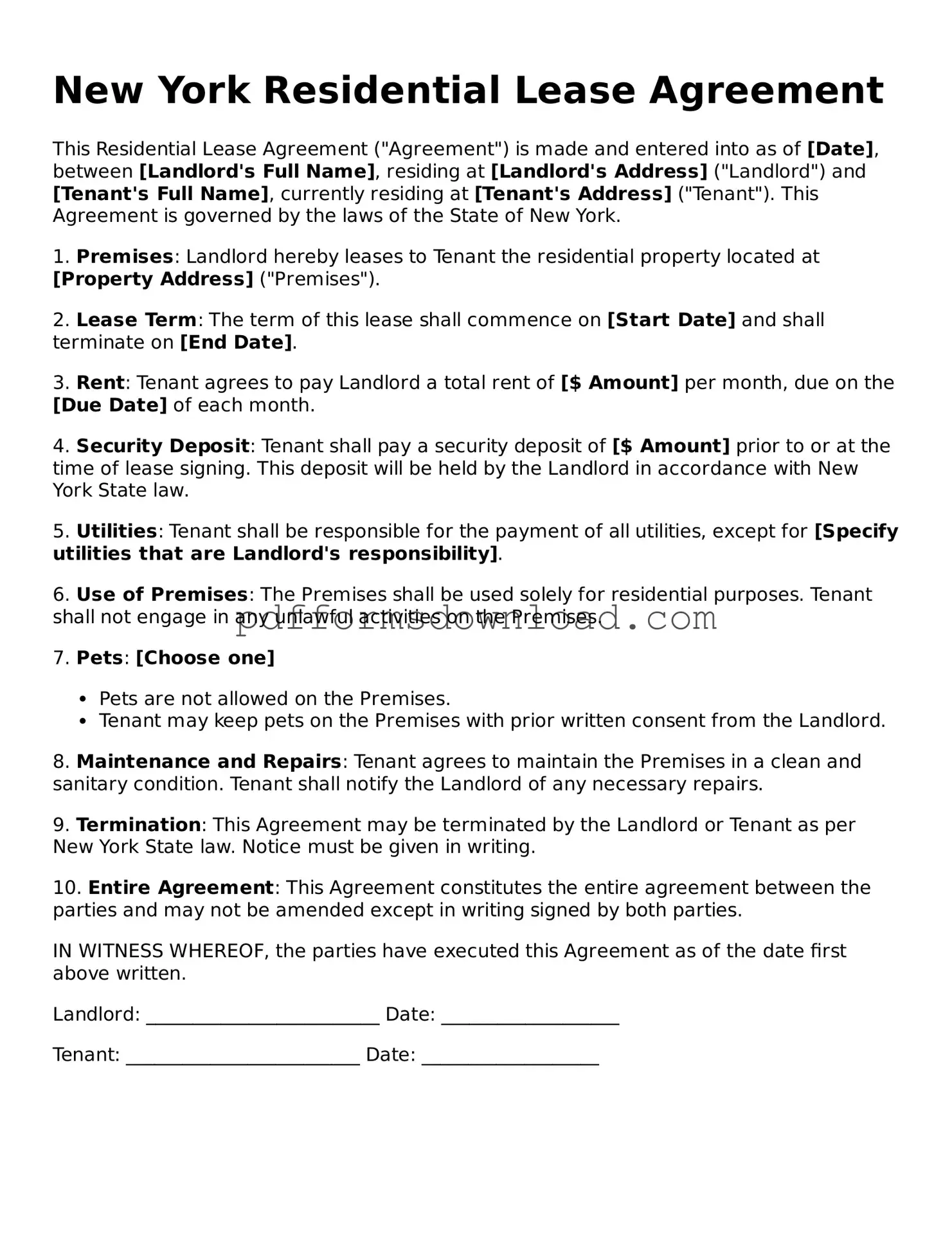 Printable New York Residential Lease Agreement Form