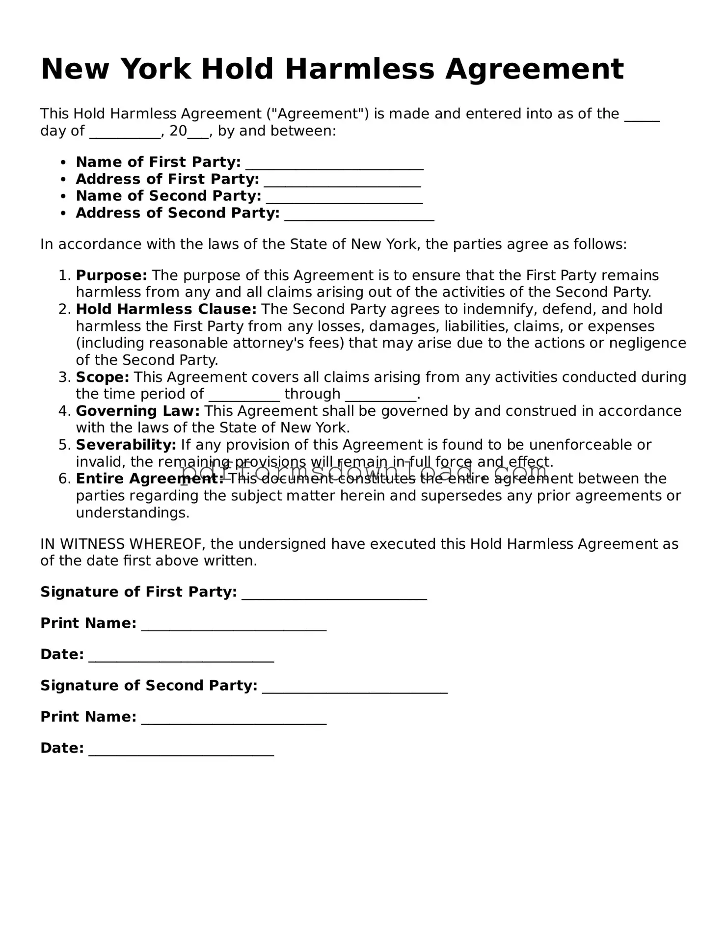 Printable New York Hold Harmless Agreement Form