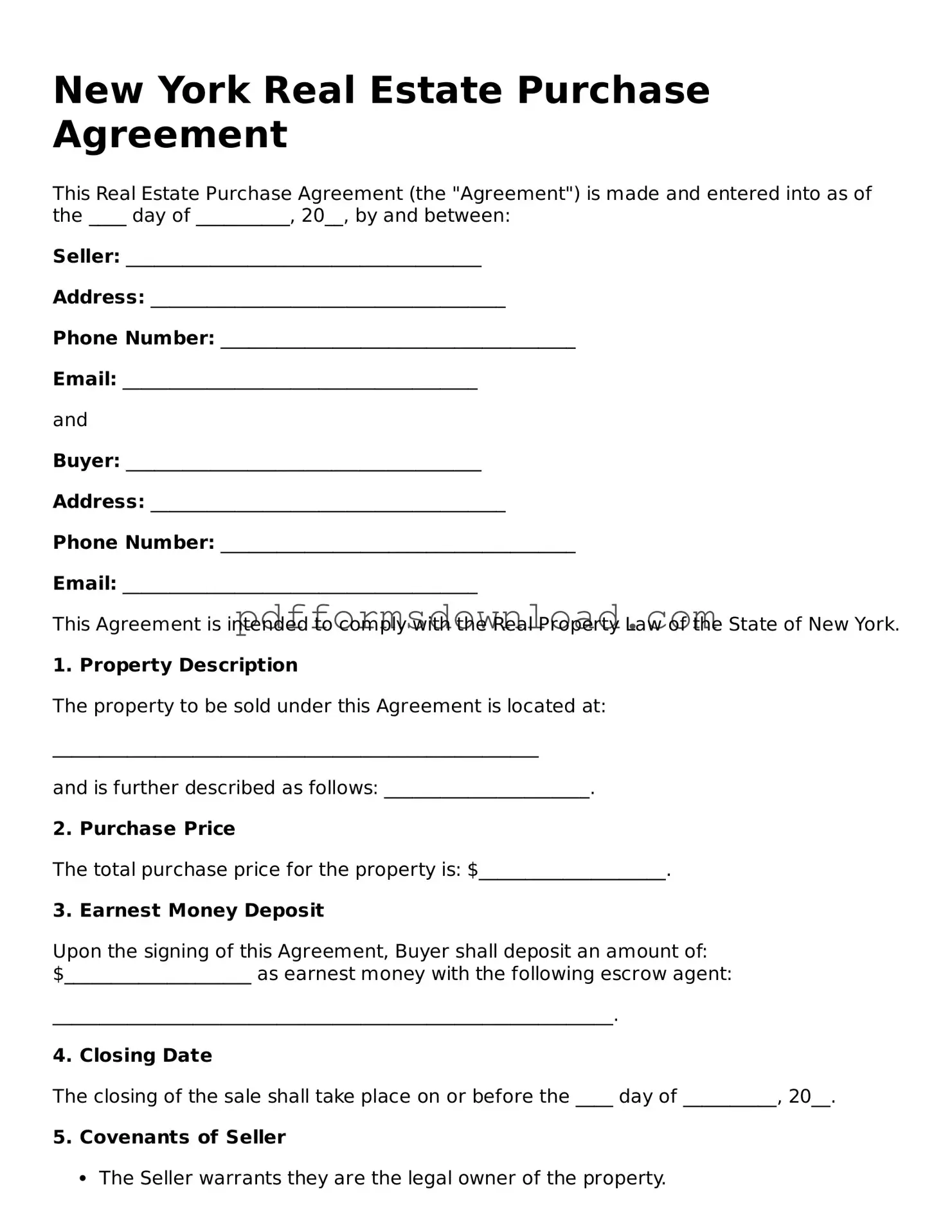 Printable New York Real Estate Purchase Agreement Form