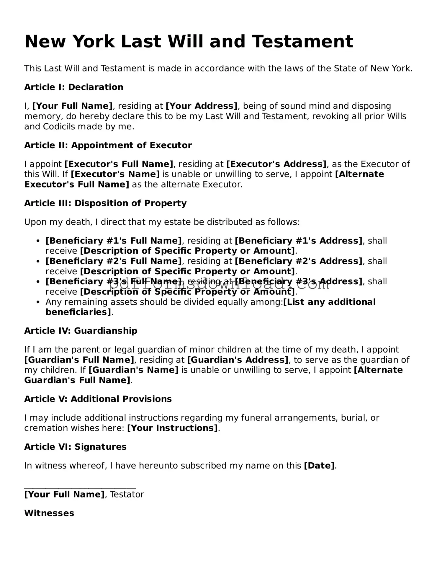 Printable New York Last Will and Testament Form