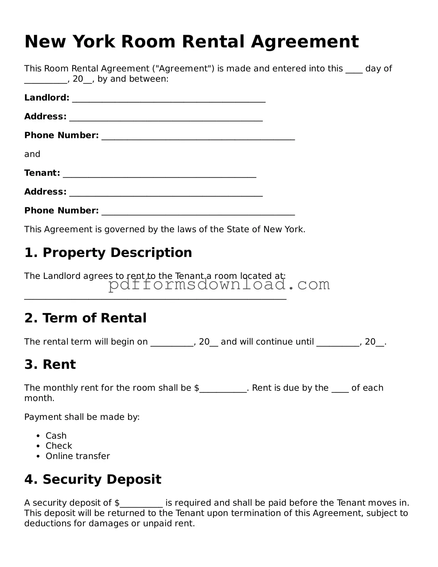 Printable New York Room Rental Agreement Form