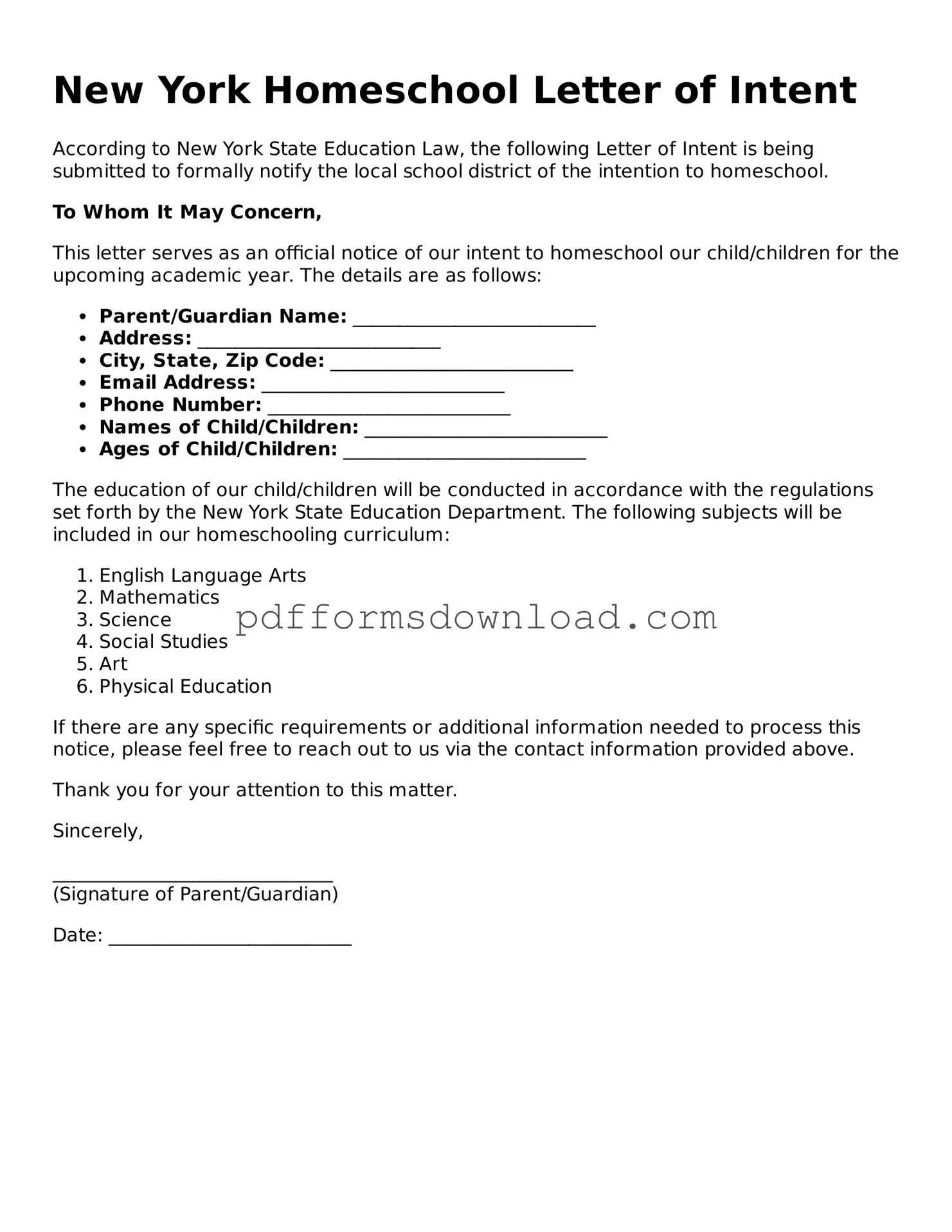 Printable New York Homeschool Letter of Intent Form