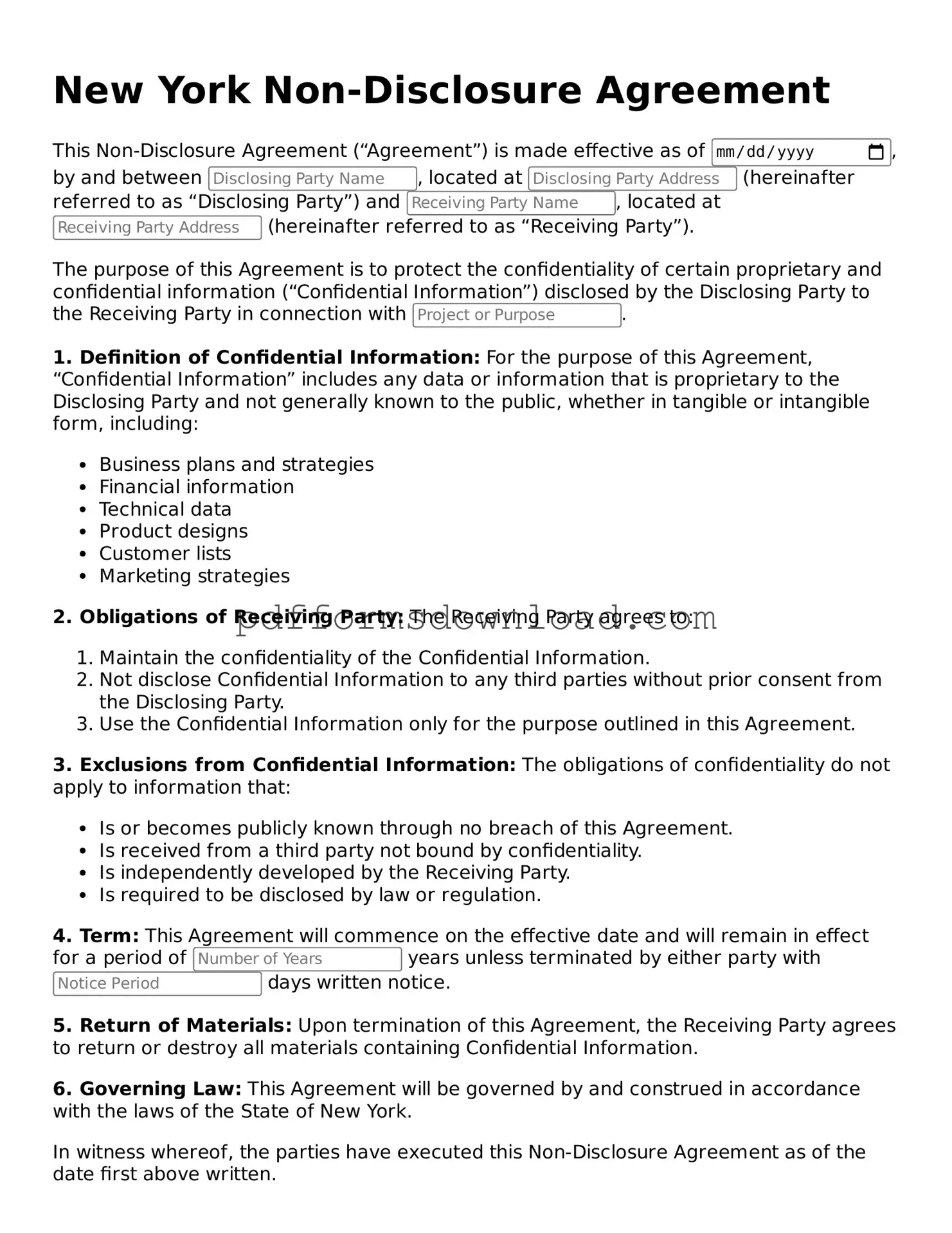 Printable New York Non-disclosure Agreement Form