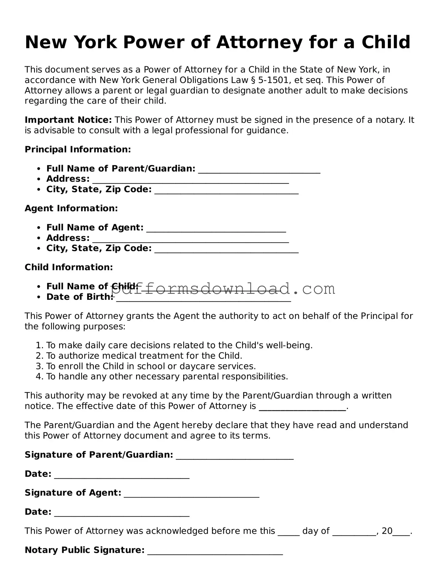 Printable New York Power of Attorney for a Child Form