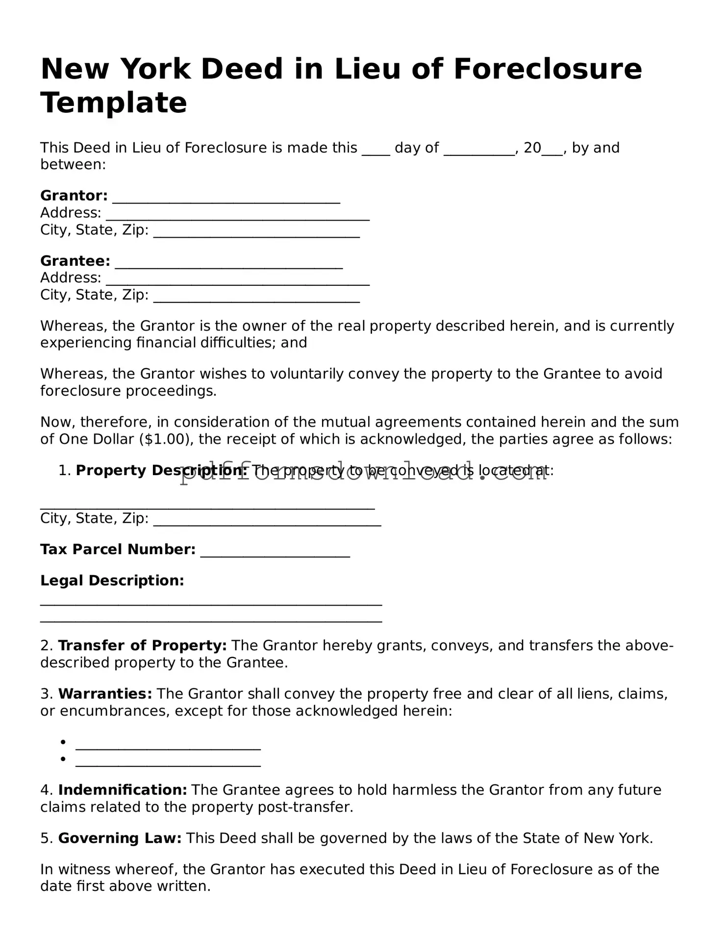 Printable New York Deed in Lieu of Foreclosure Form