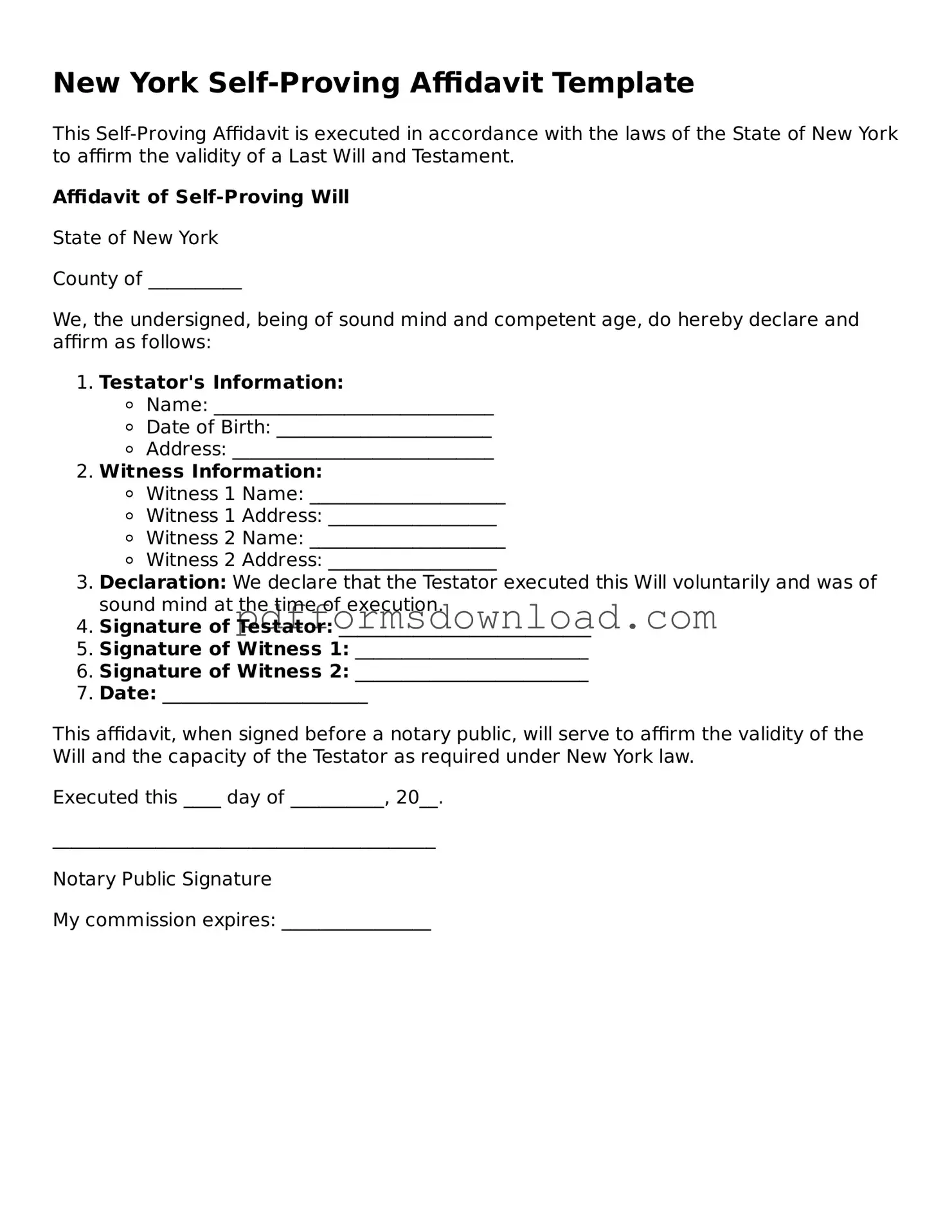Printable New York Self-Proving Affidavit Form