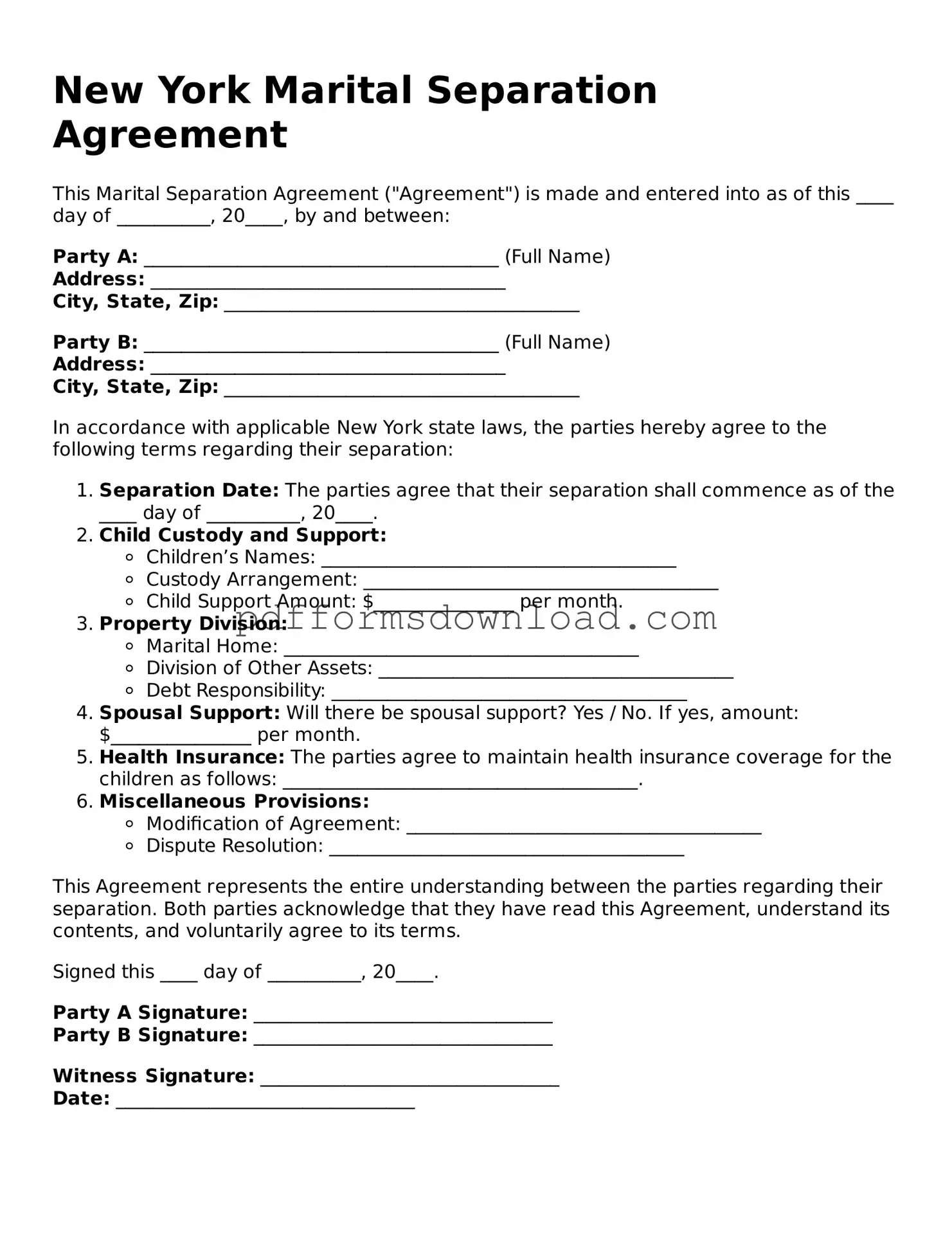 Printable New York Marital Separation Agreement Form