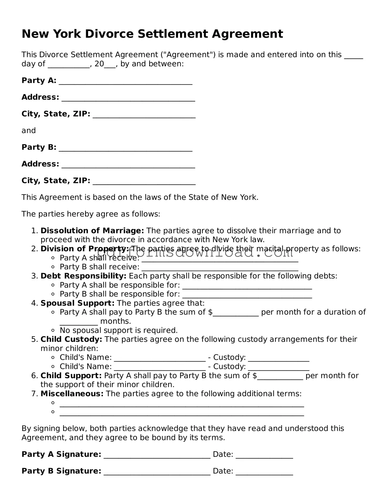 Printable New York Divorce Settlement Agreement Form