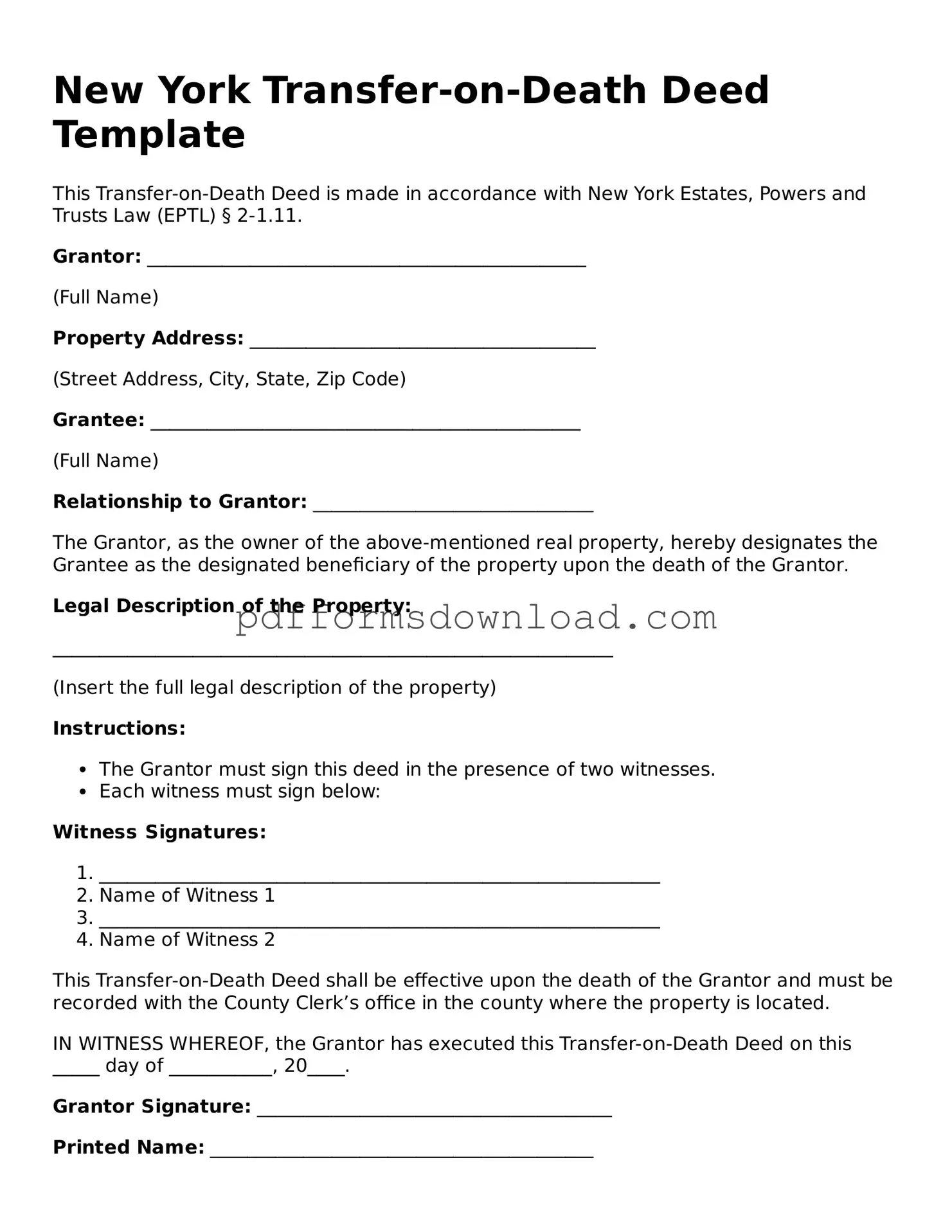 Printable New York Transfer-on-Death Deed Form