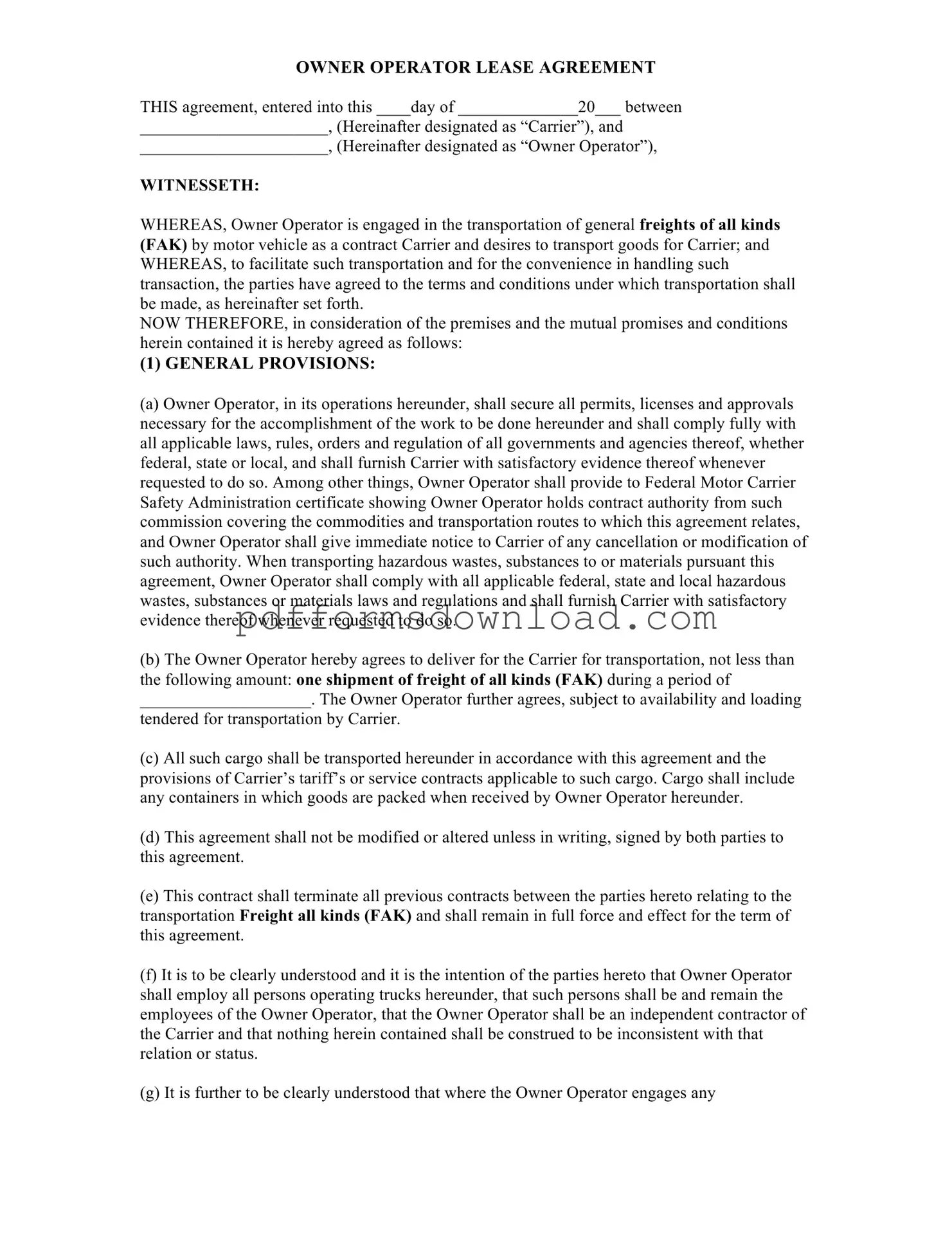 Download Owner Operator Lease Agreement Template
