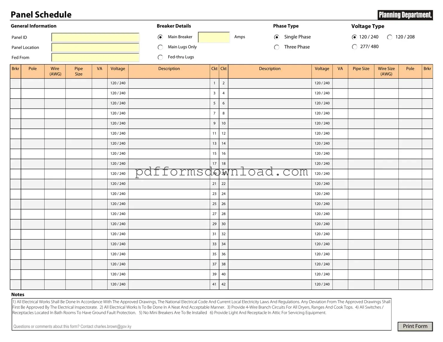 Download Electrical Panel Schedule Template