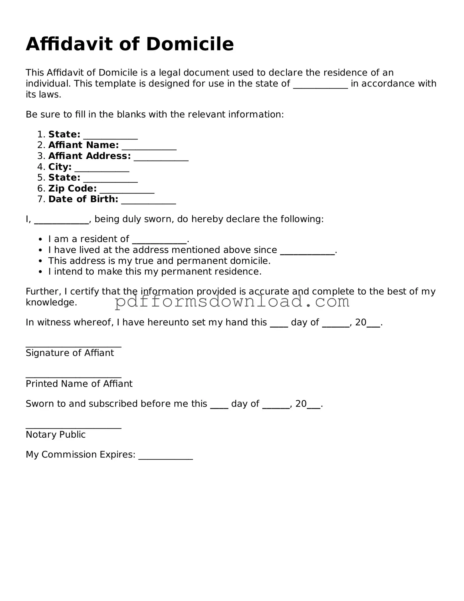 Official Affidavit of Domicile Document