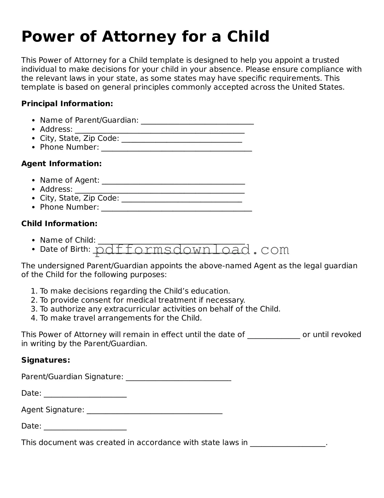 Official Power of Attorney for a Child Document