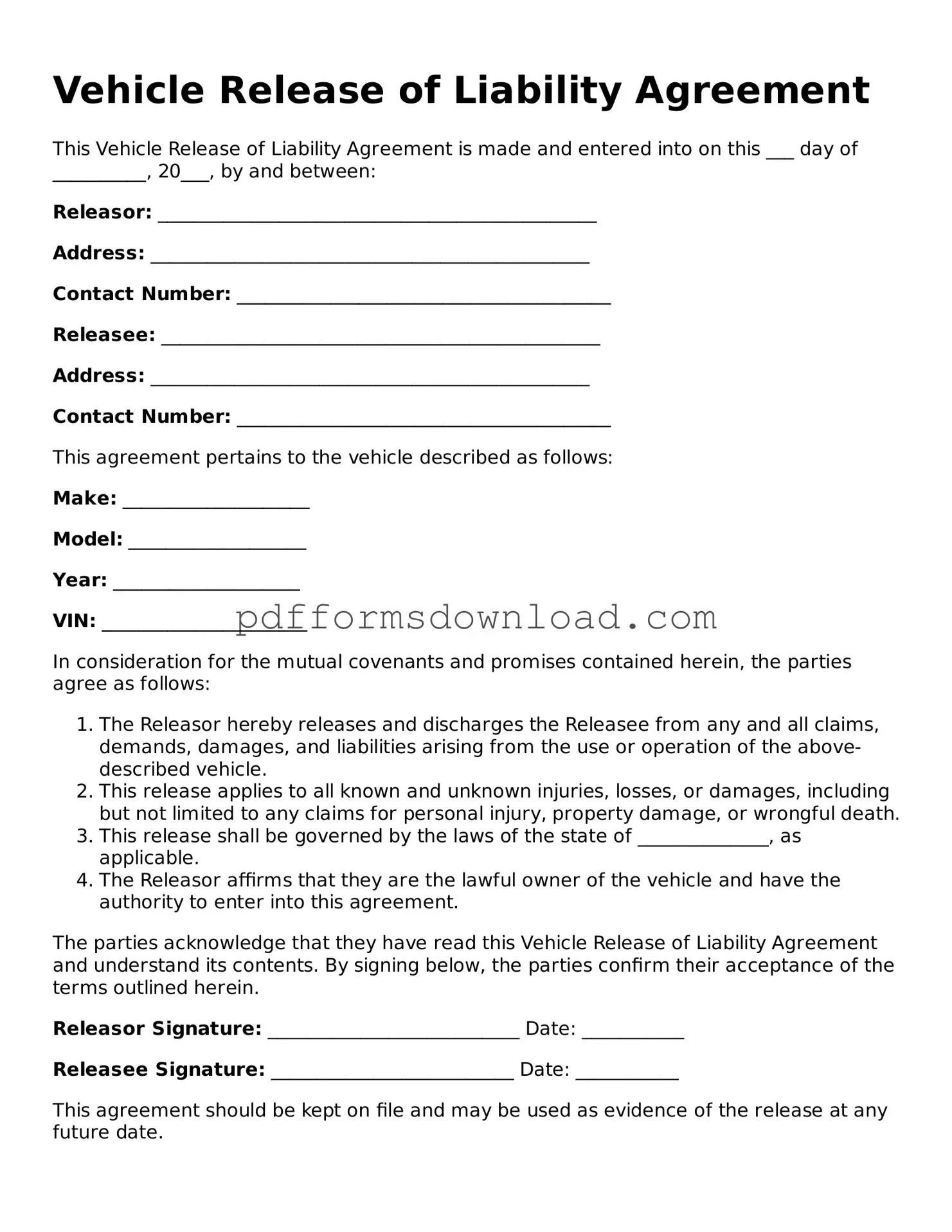 Official Vehicle Release of Liability Document