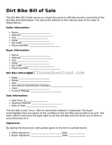 Official Dirt Bike Bill of Sale Document