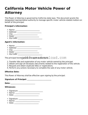 Printable California Motor Vehicle Power of Attorney Form