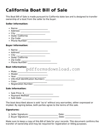 Printable California Boat Bill of Sale Form