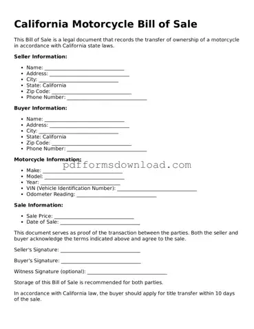 Printable California Motorcycle Bill of Sale Form