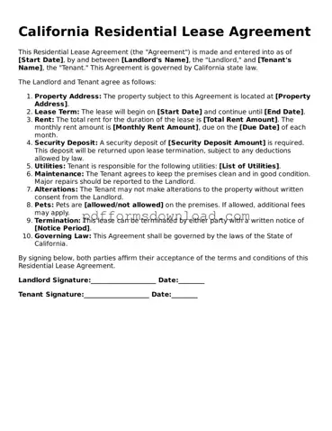 Printable California Residential Lease Agreement Form