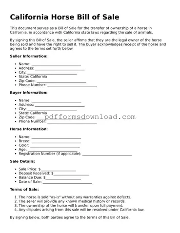 Printable California Horse Bill of Sale Form