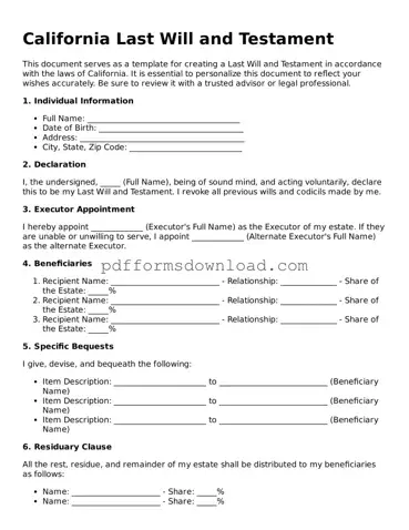 Printable California Last Will and Testament Form