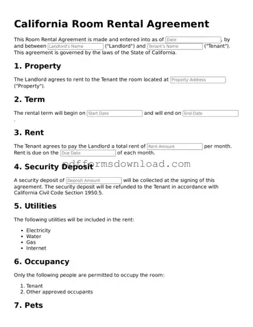 Printable California Room Rental Agreement Form