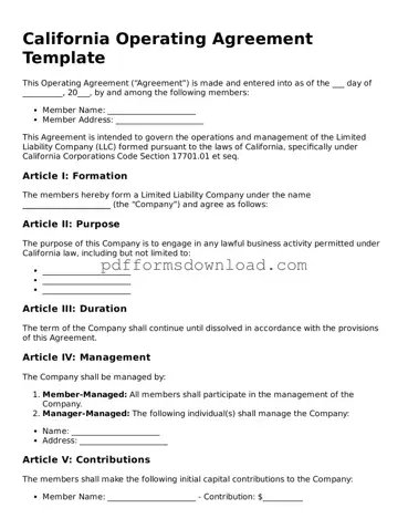 Printable California Operating Agreement Form