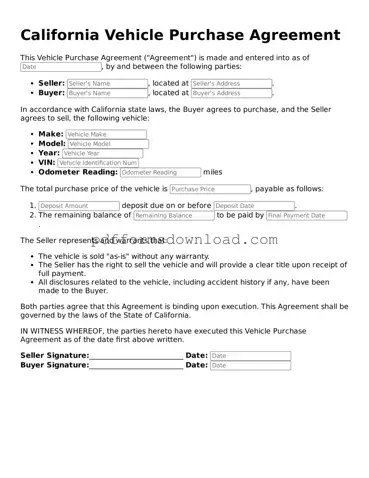 Printable California Vehicle Purchase Agreement Form
