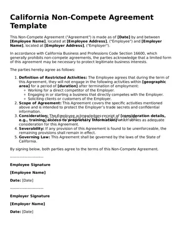 Printable California Non-compete Agreement Form