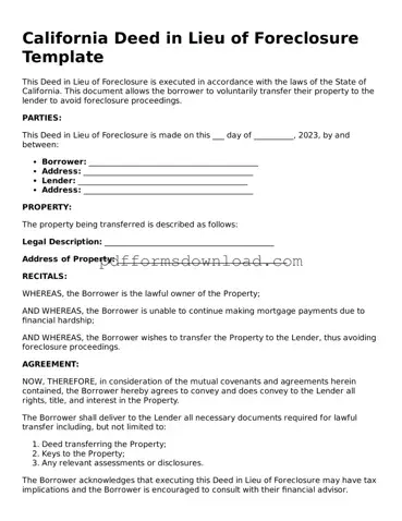 Printable California Deed in Lieu of Foreclosure Form