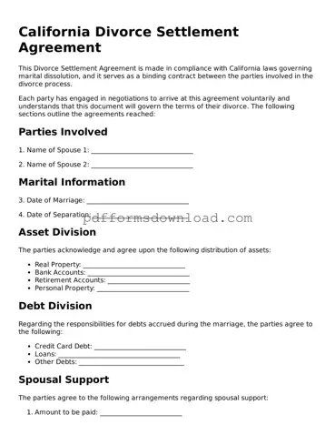 Printable California Divorce Settlement Agreement Form