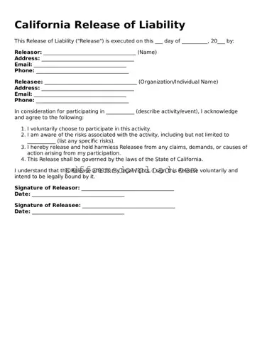 Printable California Release of Liability Form