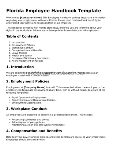Printable Florida Employee Handbook Form