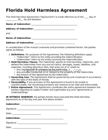 Printable Florida Hold Harmless Agreement Form