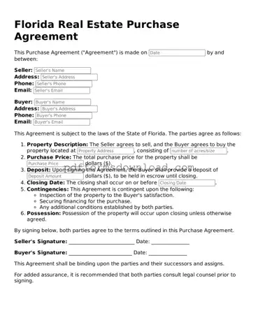 Printable Florida Real Estate Purchase Agreement Form