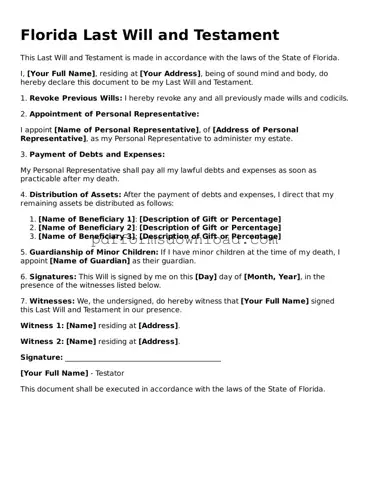 Printable Florida Last Will and Testament Form